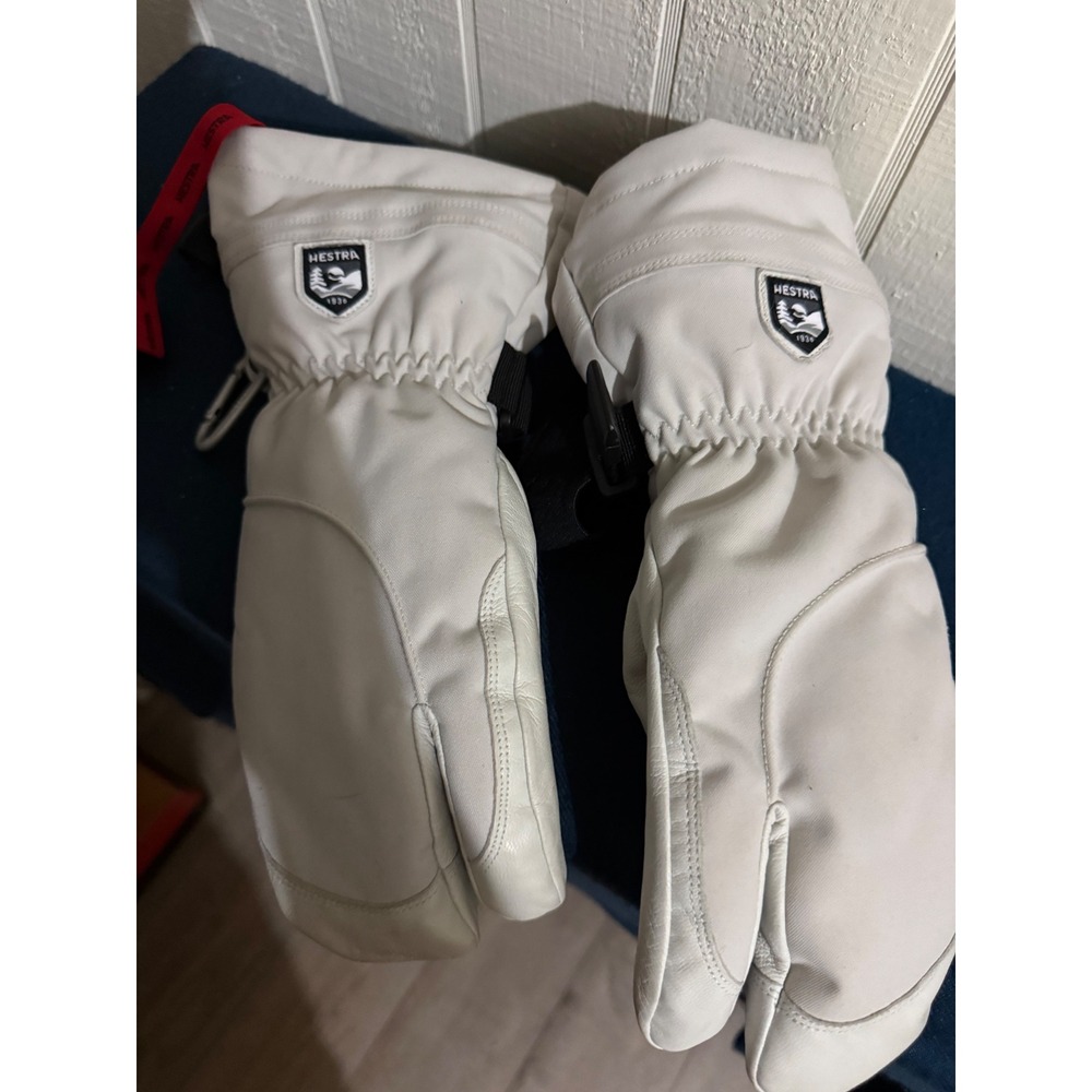 Hestra Army Leather Heli Ski 3-Finger Mittens White Snow Gloves Size 8